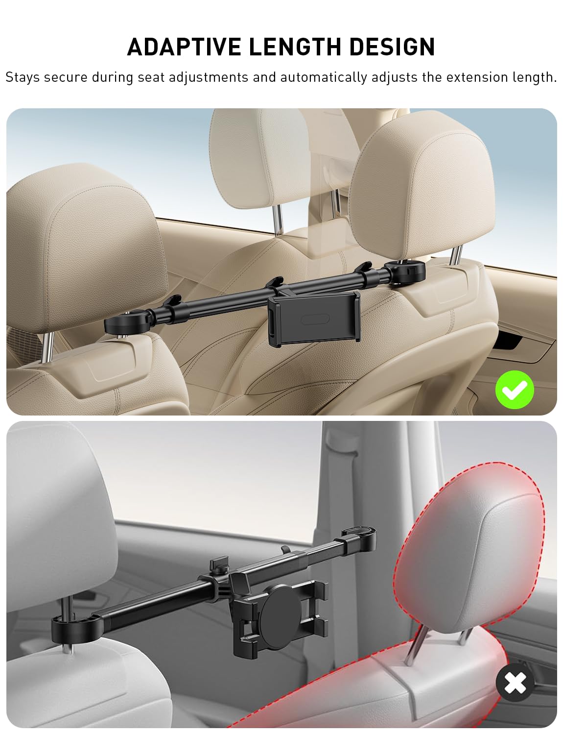 Car Headrest Tablet Holder for iPad: [Front & Rear Flip Mount] Adjustable Back Seat Tablet TV Portable Monitor Holder, Car Road Trip Essentials for Kids Compatible with 4.7-16.1" Devices