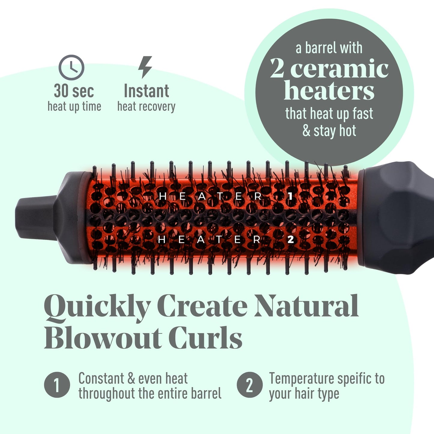 MINT Extra-Long 1.6 Inch Thermal Brush for Natural Volume & Waves | 230-430°F 2-Heater Ceramic Curling Iron Brush | Heated Round Brush Styler