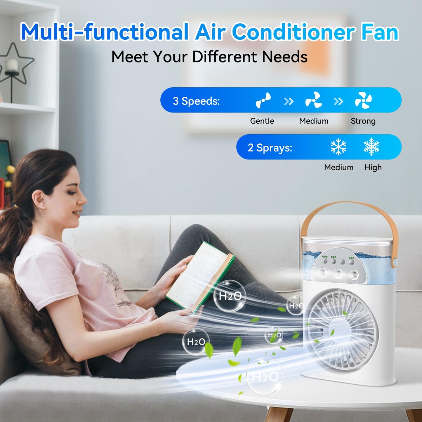 Portable Air Conditioner Cooling Fan, Rechargeable Mini Evaporative Personal Air Cooler Fan with 3 Speeds and 2 Spray, 1/2/3H Timer, 7 Night Light, for Room Bedroom, Office, Desk