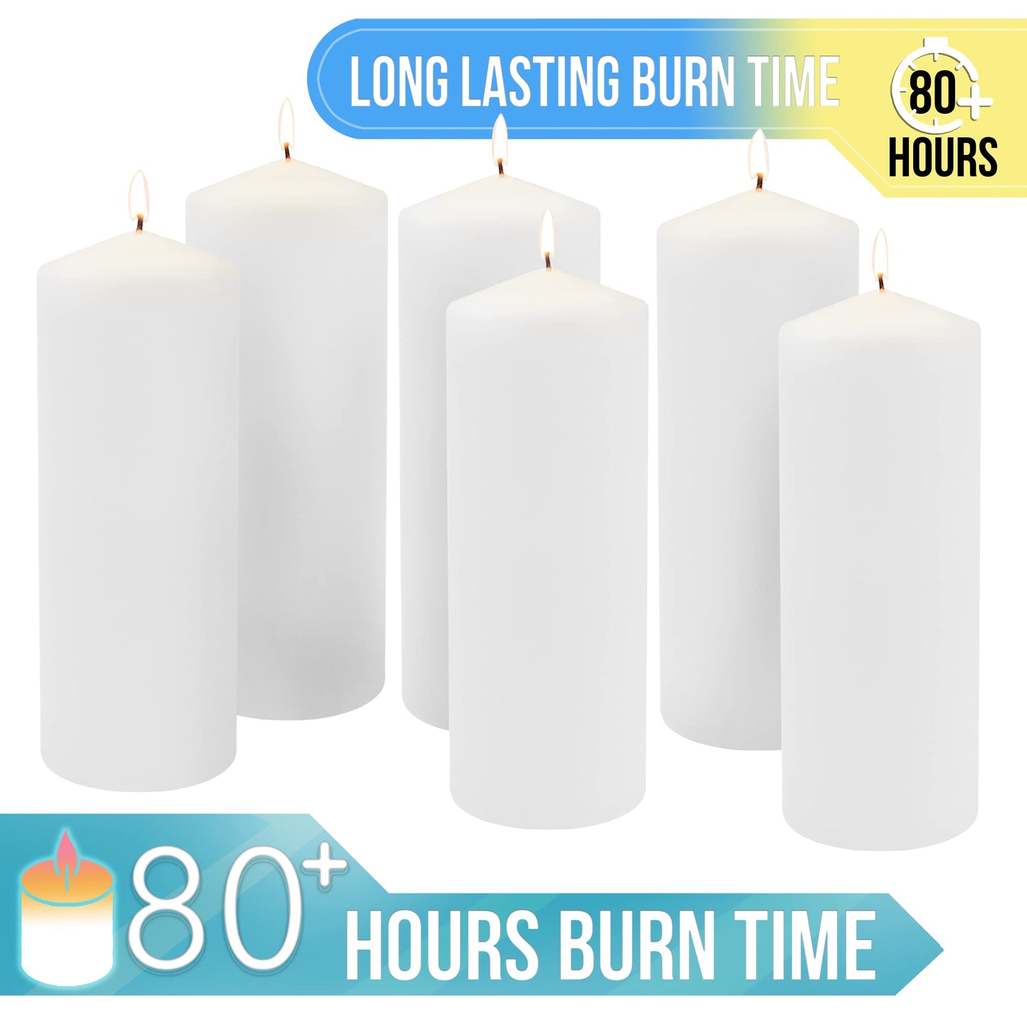 Stonebriar Unscented White Tall Pillar Candles, 80 Hour Burning Candle Pillars, Perfect for Decor, Weddings, Emergencies 3" X 8", 6 Count