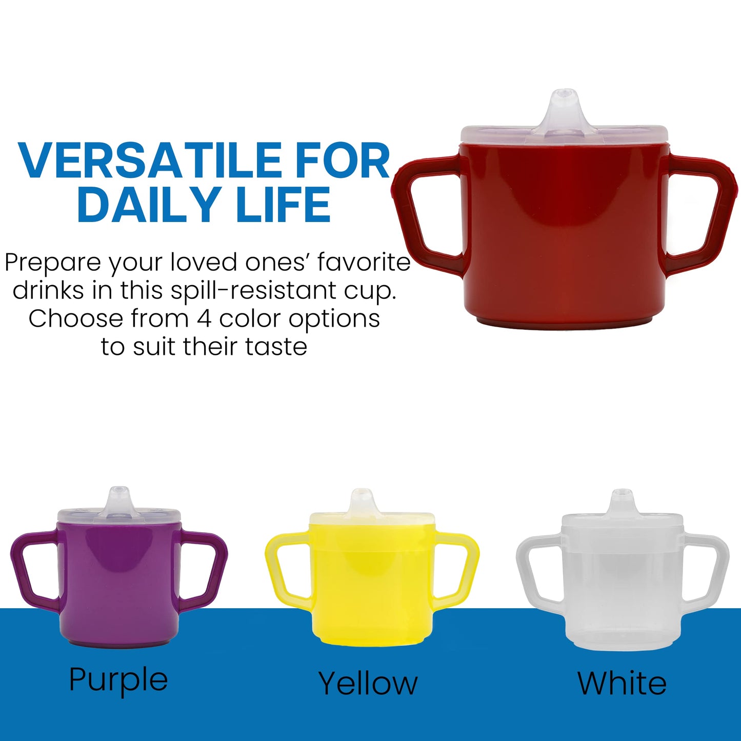 Providence Spillproof Compact 8oz Adult Sippy Cup with 2 Handles - Sip Cups for Adults for Limited Mobility - Handicapped Accessories - Handicap Cups for Elderly Care - Made in the USA - Red - 6