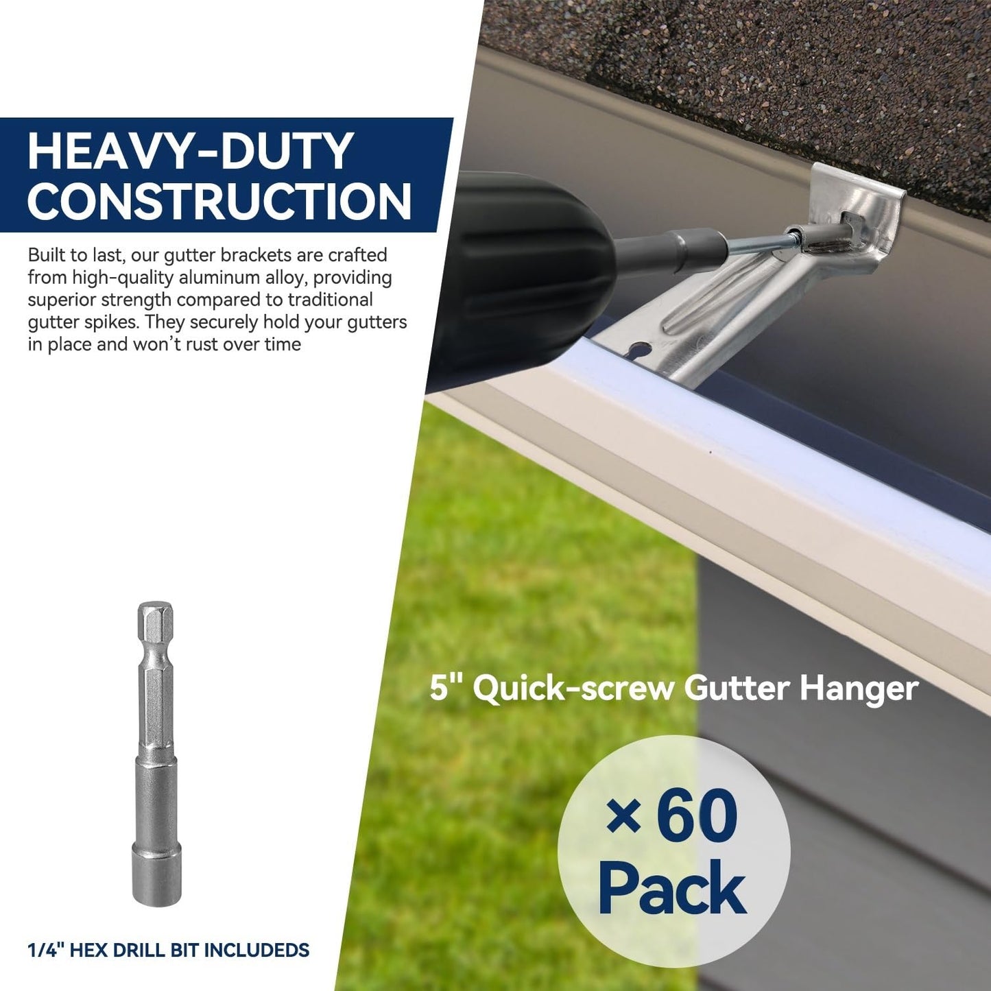 Gutter Hangers 5 inch - 60 Pack Gutter Brackets with Pre-Assembled Screw, Hidden Gutter Hangers for Repair Sagging Rain Gutters