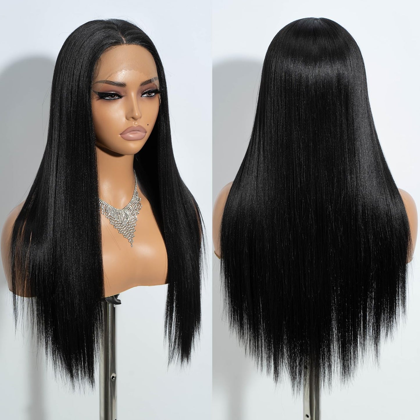 JOEDIR 26" Long Straight 4x4 inch Free Parting Silk Base Lace Frontal Wigs With Baby Hair High Temperature Synthetic Wigs For Black Women 180% Density Black Color Wigs 250g(1B)