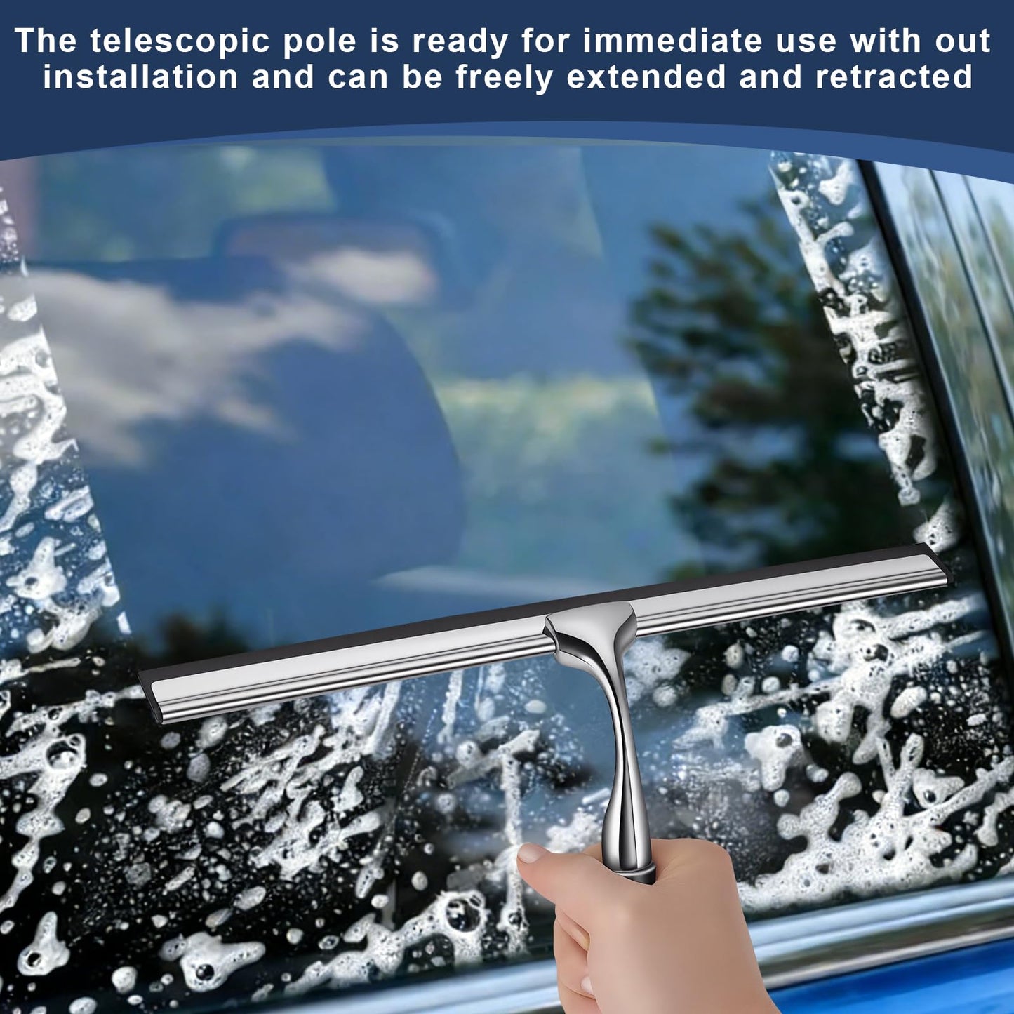 17'' - 62'' Metal Squeegee with Extension Pole for Window,Glass Door,Mirror, 12'' Wide Telescopic Shower Squeegee Cleaner with Long Handle for Cleaning Tile Wall,Floor,Bath,Car Windshield,Solar Panel