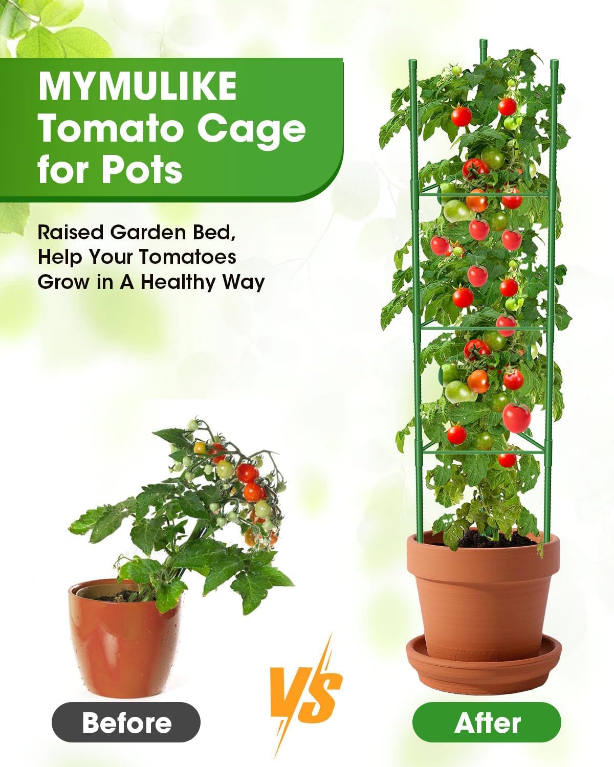 MYMULIKE 6 Pack 63 Inch Tomato Cage for Garden, Tomato Trellis for Raised Garden Bed/Pots,Tomato Plant Supports Stakes, Plant Trellis for Vegetables & Climbing Plants Outdoor (Pot Not Included)
