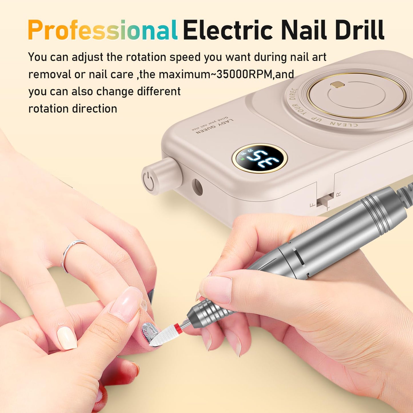 mUGLE Portable Nail Drill Electric File: 35000RPM Professional Rechargeable Nail E File Machine, for Acrylic Nails Gel Polishing Removing, Cordless Efile with Bits Kit for Manicure Salon Home (Pink)