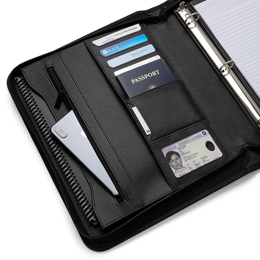 Forevermore Portfolios Padfolio Binder - Professional Faux Leather Travel Organizer Pouch for Tablet, Documents, Presentation Folders, Zipper Closure, Removable 3-Ring Notepad - Black