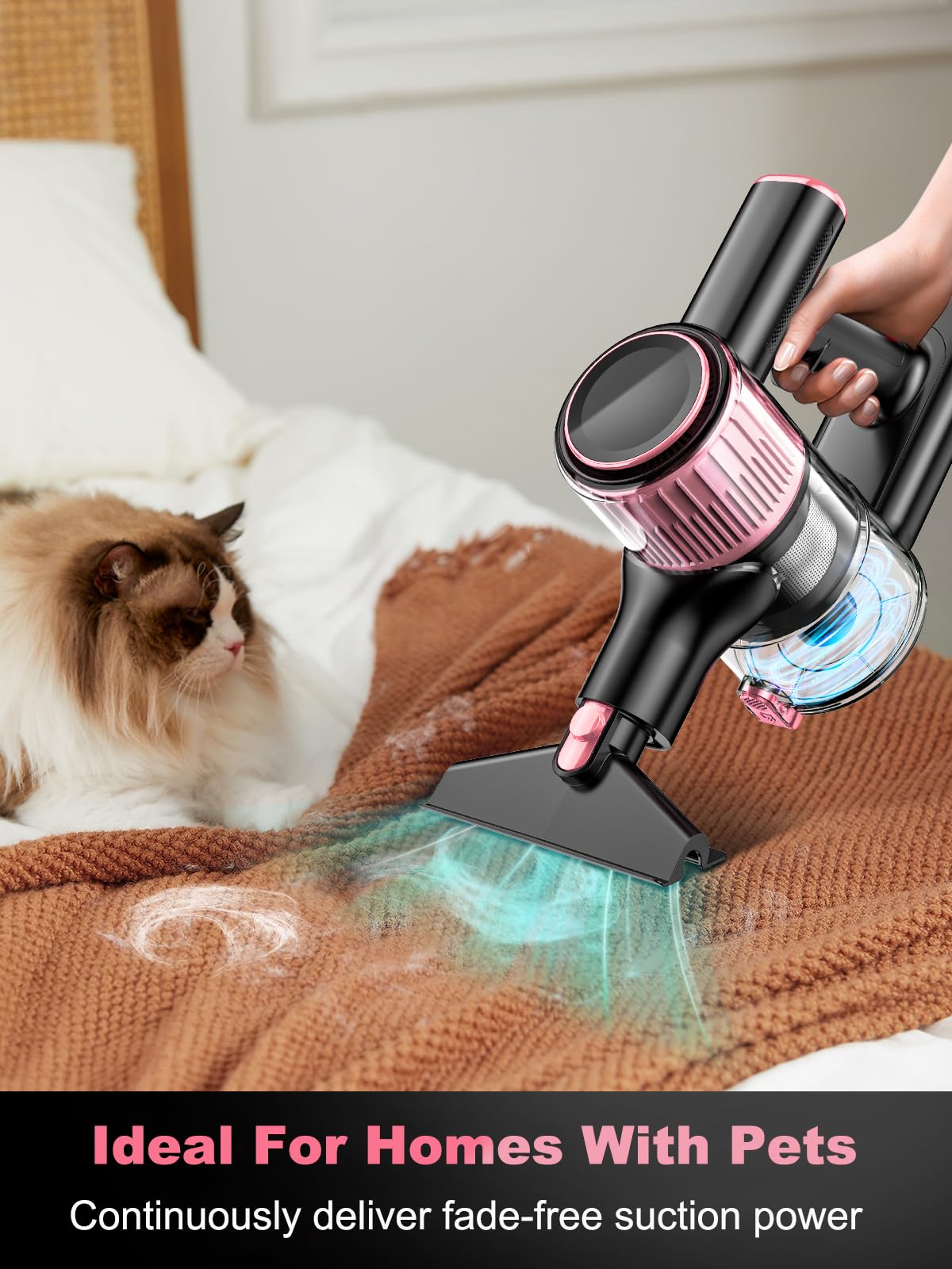 Cordless Vacuum Cleaner, 350W/40Kpa 8 in 1 Powerful Stick Vacuum, with Anti-Tangle Brush and Upgraded Green Light, 45mins Runtime Rechargeable Lightweight Vacuums for Hardwood Floor (Pink)