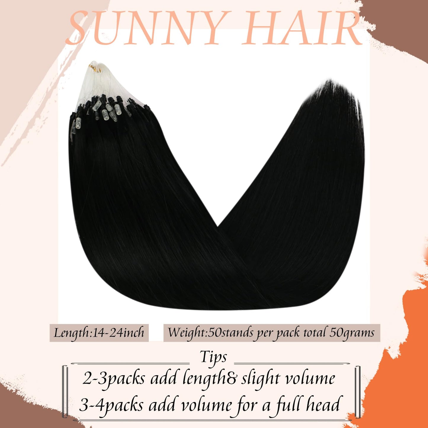 Sunny Hair Micro Beads Hair Extensions Invisible Micro Loop Hair Extensions Human Hair Straight Micro Ring Hair 50G/50S Micro Link Hair Extensions for Women Black 24inch