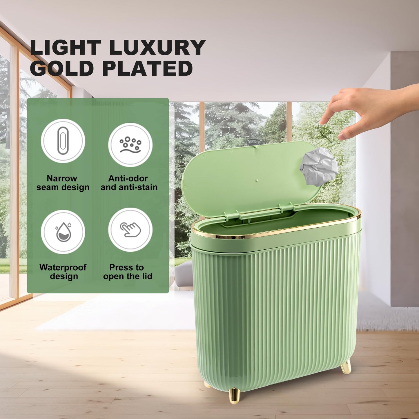 Supteron Bathroom Trash Can with Lid 3.2 Gallon Narrow Trash Can Small Plastic Trash Bin 12 Liter Rectangular Plastic Garbage Can with Press Type Lid for Bedroom Bathroom