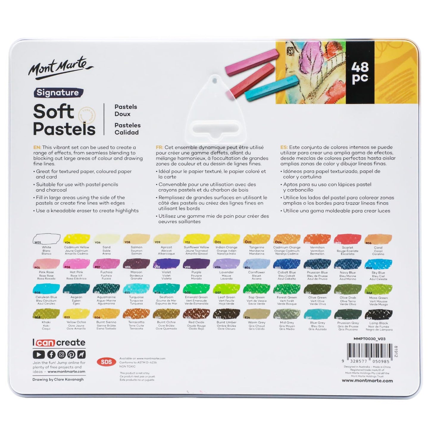 Mont Marte Soft Pastels in Tin Box Signature 48pc, 48 Assorted Colours, Vibrant Pastel Sticks, Great Blending, Comes in Storage Case, Ideal For Art, Craft, Colouring and Sketching