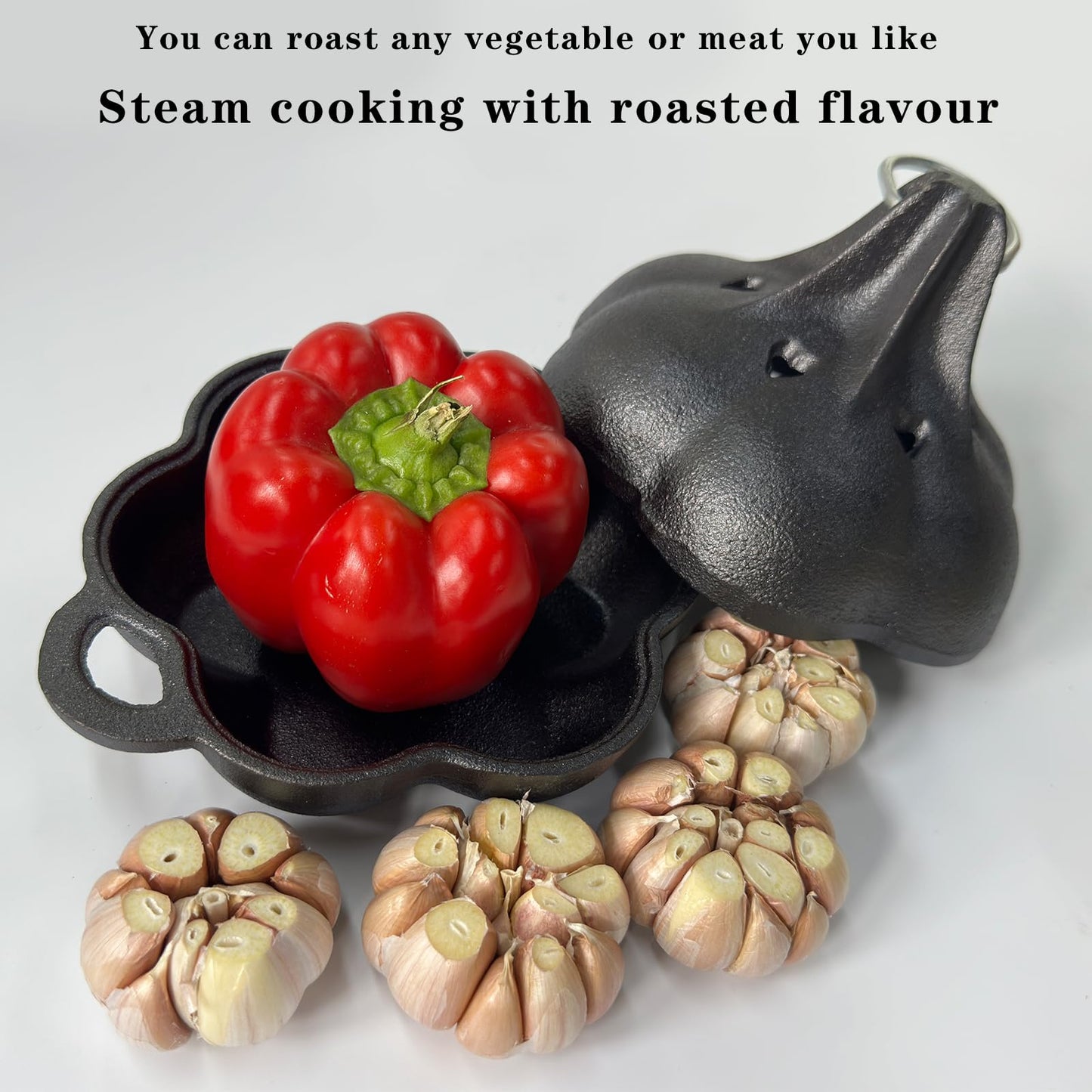 BOLVOUD Cast Iron Smoker Roaster & Garlic Roster Baker, Smoker Box, Pre-Seasoned Cast Iron Garlic Roaster for Grill, Perfect for BBQ and Oven, for Smoky, Flavorful Vegetables, Meats or Wood Chips