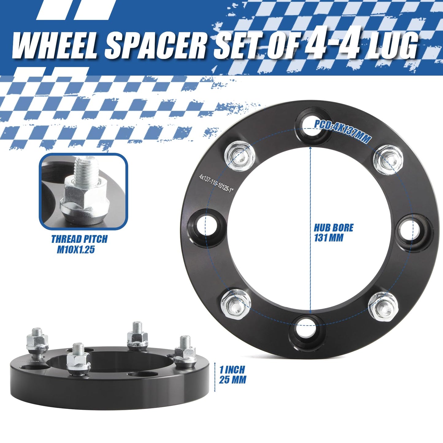 JiiinMiiin 1 inch 25mm 4x137 ATV Wheel Spacers with 110mm Hub Bore & 10x1.25 Studs, Compatible with Kawasaki Can-Am Bombardier UTV - Black 2 Pack