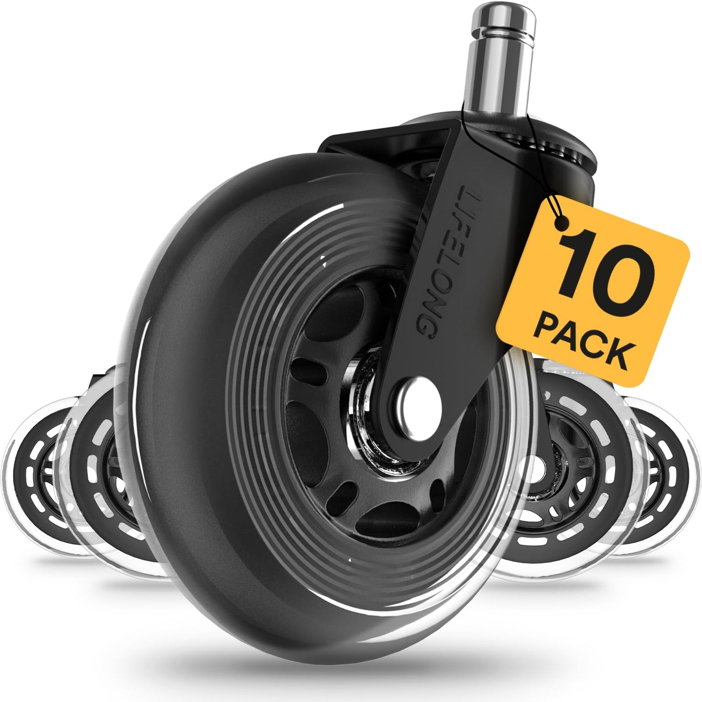 Lifelong Office Chair Wheels Replacement Rubber Chair Casters for Hardwood Floors and Carpet, Set of 5, Heavy Duty Casters for Chairs to Replace Office Chair Mats - Fits 98% (10 Pack)