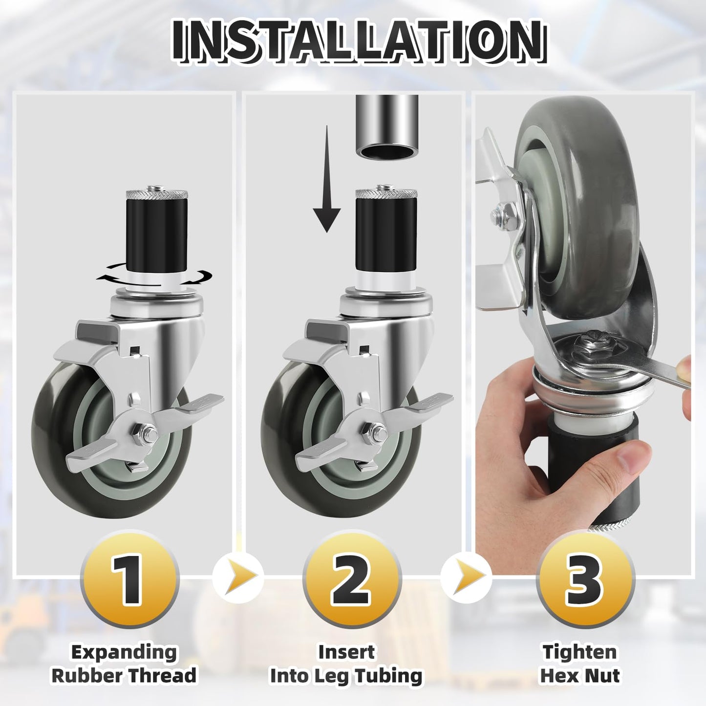 Besitu 4 Inches Prep Table Wheels Set of 4, 1-1/2" Expanding Stem Caster with Side Brake for Stainless Steel Table, Cart, Furniture Legs, Commercial Kitchen Appliances, Workbench