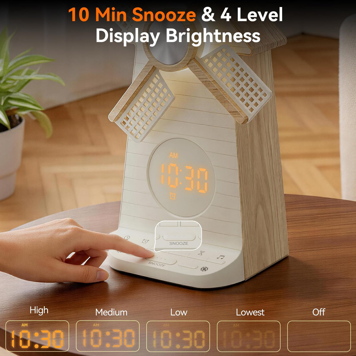 RETEYUNG Alarm Clock with Rotating Windmill,Sound Machine with Wake up Light,Snooze,10 Nature Sounds & 10 White Noises,15 Ringtones,USB Charging,4-Tier Dimmer,12 Volume,30/60/90 Timer for Kids Adults
