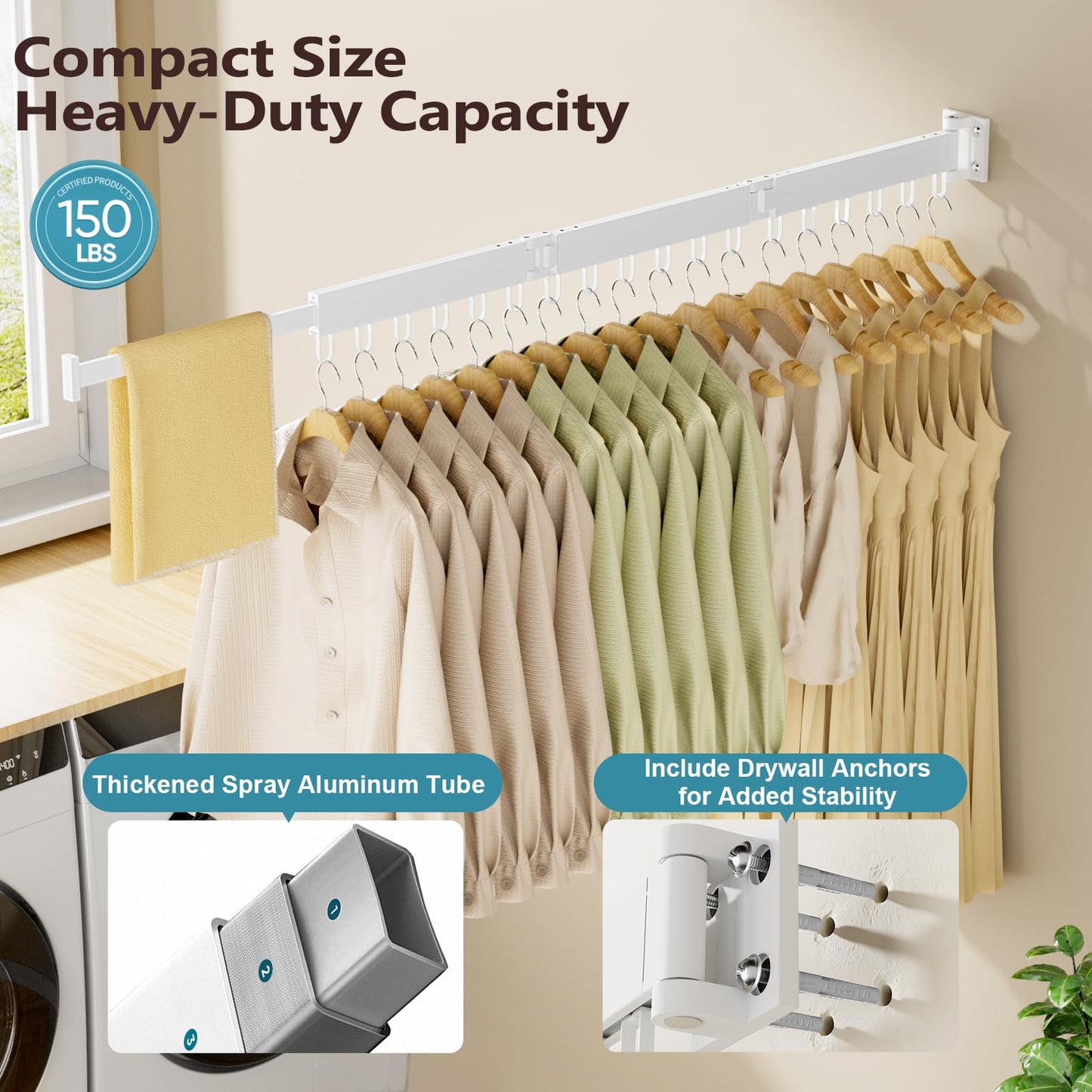JAUREE Clothes Drying Rack Wall Mounted, Laundry Drying Rack Collapsible, Space Saving Wall Drying Rack Clothing Foldable, Tri-Fold Retractable Rack Outdoor Indoor with 18 Hooks, White
