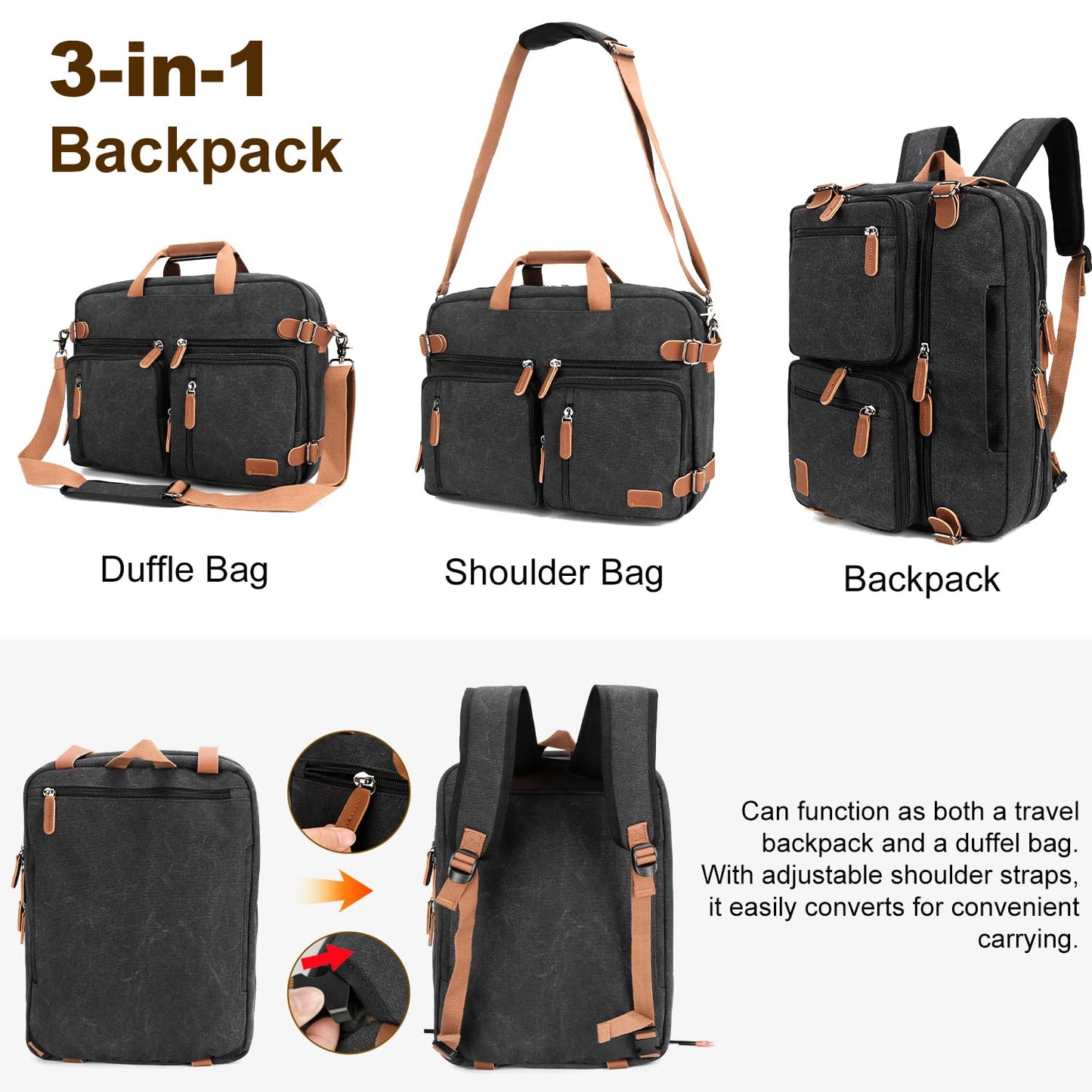 koolehaoda 3 in 1 Convertible Briefcase Backpack 17.3 inch Laptop Backpack Case Messenger Bag for Men, Multi-Functional Computer Bag for Travel Bussiness Men Women (Black)