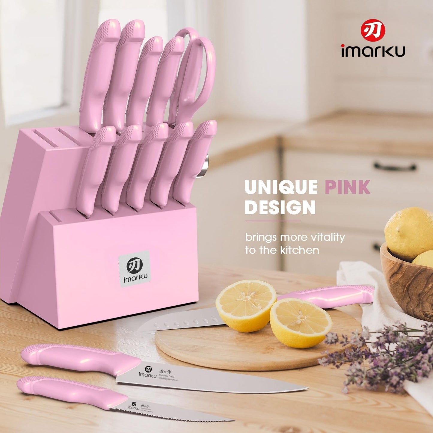 imarku Knife Set with Block, Sharp Knife Set with Built-in Sharpener, 14 PCS Japanese Stainless Steel Kitchen Knife Set, Dishwasher Safe, Pink, Ideal Home Cooking Gift for Mom