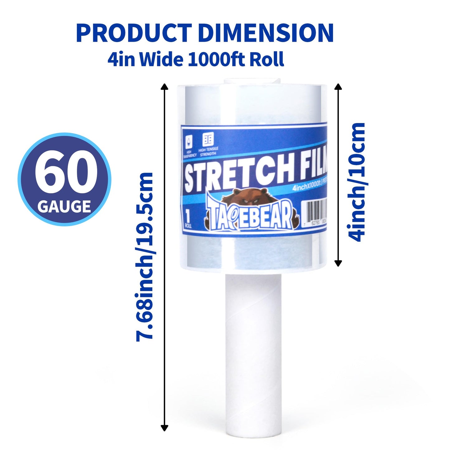 TAPEBEAR Stretch Wrap Film 4" x 1000Ft Shrink Wrap Roll with Handle, 60 Gauge Thick Durable Self-Adhering Clear Plastic Wrap Industrial Strength Pallet Shrink for Moving, Packing,4Rolls