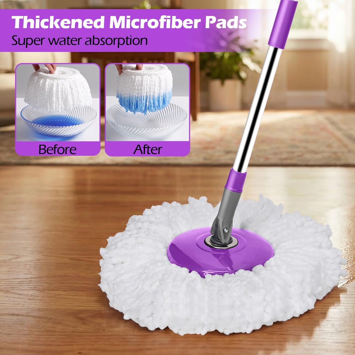 Almcmy Spin Mop and Bucket Set, Mop Bucket with Foot Pedal Wringer System, 3 Reusable Mop Refills, 130cm Long Handle, Easy Wring Magic Mop Floor Cleaning System, Purple