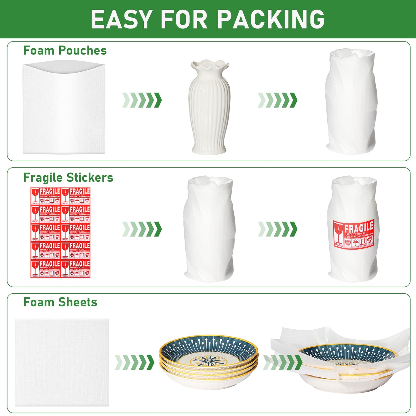 520Pcs Dish Packing Supplies for Moving, Moving Suppliers Packing Foam Cushion Dish Wrap 200 Cushion Foam Wrap Pouches & 50 Foam Sheets, with 270 Fragile Stickers for Fragile Shipping