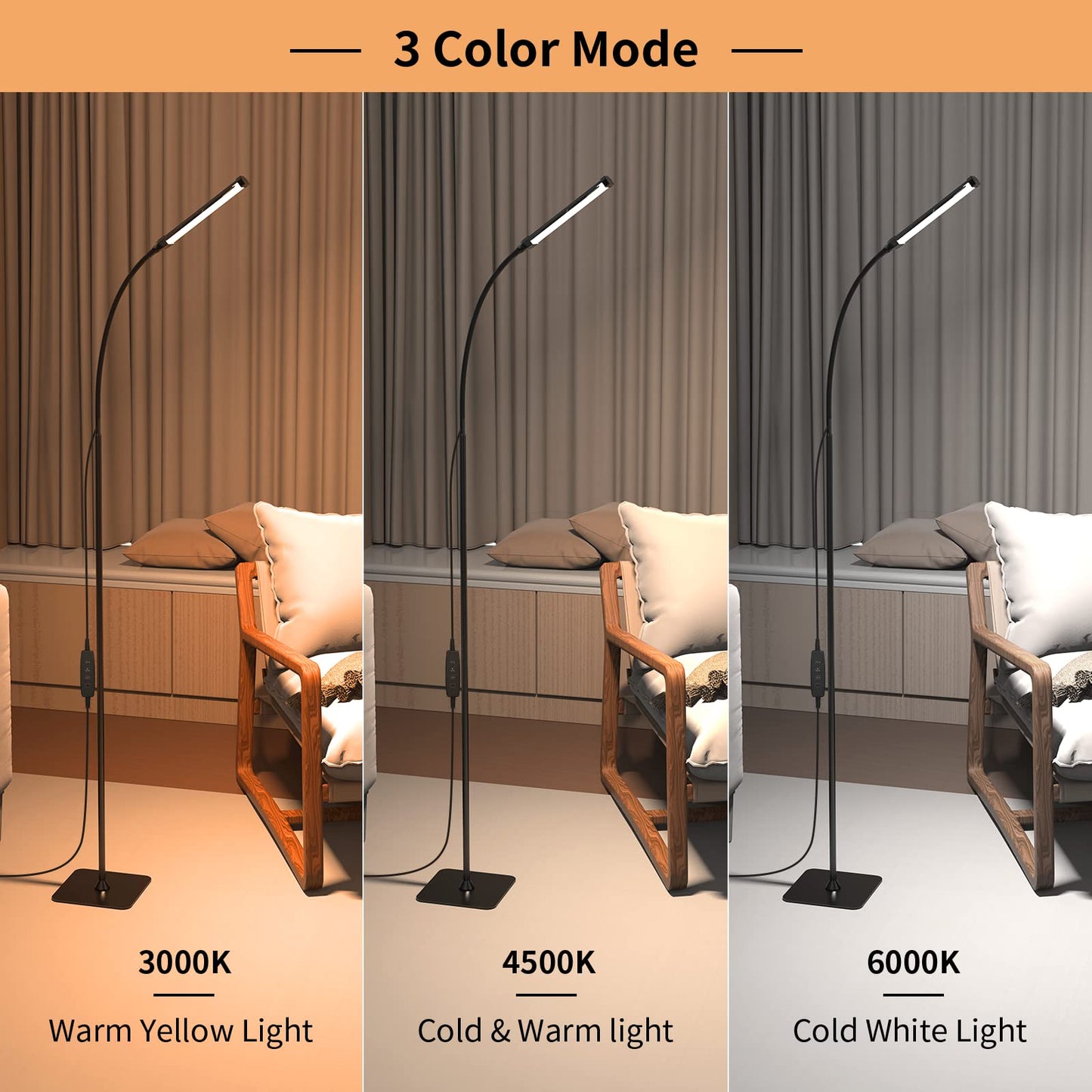 Floor Lamp, iFalarila Reading Lamps Floor Standing [120 LEDs with 3 Color Mode 3000K-6000K & 10 Brightness Setting] Dimmable Desk Light with Flexible Arm for Living Room Bedroom Office