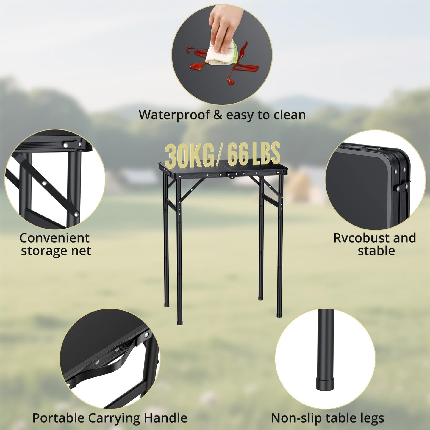 Anbte 2ft Small Folding Table Max 29.5" with Storage Net, 3 Adjustable Height Sturdy Aluminum Camping Table with Portable Handle, Lightweight, for Travel Outdoor Beach Picnic, 23.2" x 16", Pure Black