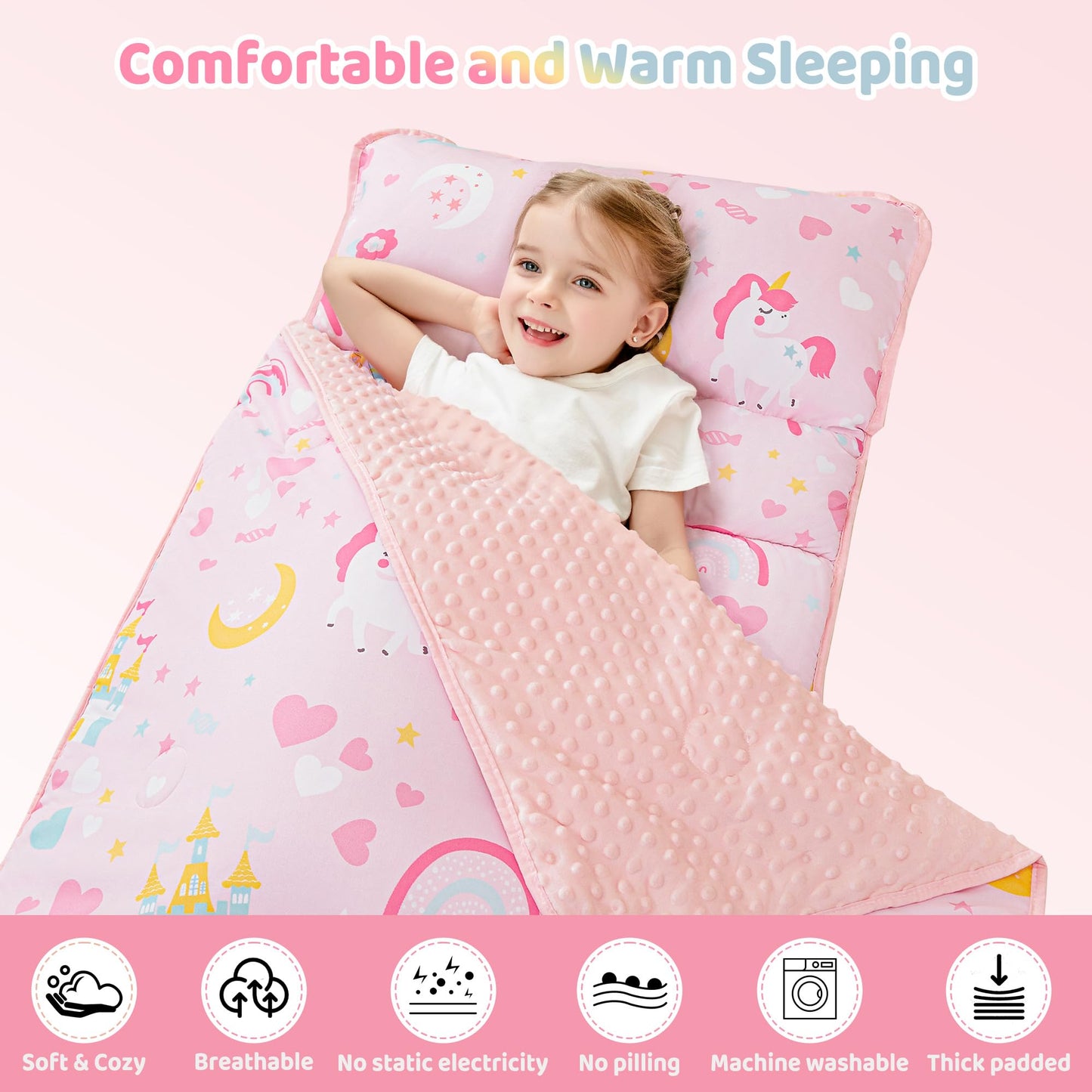 Viviland Toddler Kids Nap Mat for Preschool, Girls Pink Princess Daycare Kindergarten Nap Mat