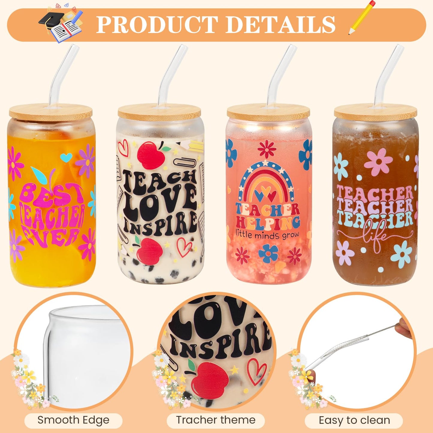 JTAMOHI 4 Set Teacher Appreciation Cup Teacher Can Glass Gifts for Women, Teacher Gifts 16 oz Tumbler with Lids Straws Brushes Thank You Glass Cup Gift for Teacher’s Day Back to School Graduation