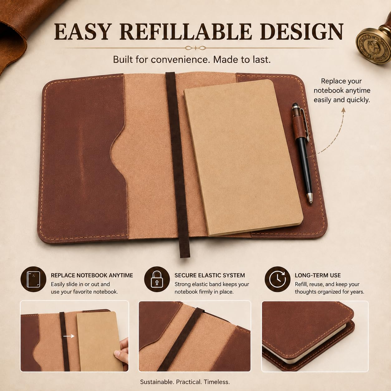 CestAntiQ, A5 Leather Journal Cover, Refillable Journal Cover for Large Moleskine and LEUCHTTURM1917 Medium A5, Leather Handmade Notebook Cover, 9 x 6 Inches Leather Bound Journal (Tan)