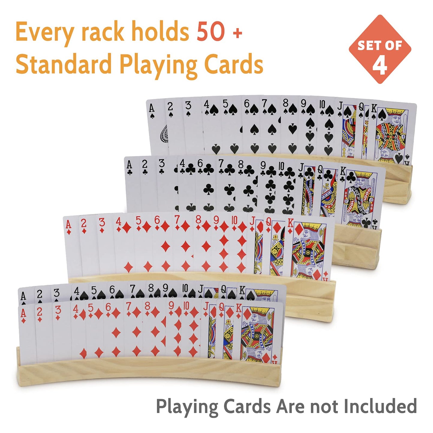 Plusvivo Set of 4 Curved Playing Cards Holders for Seniors Adults Kids 2-Layer, Solid Wooden Card Holders for Playing Cards 13 X 1.9 X 2.4 Inch for Bridge Canasta Foot and Hand