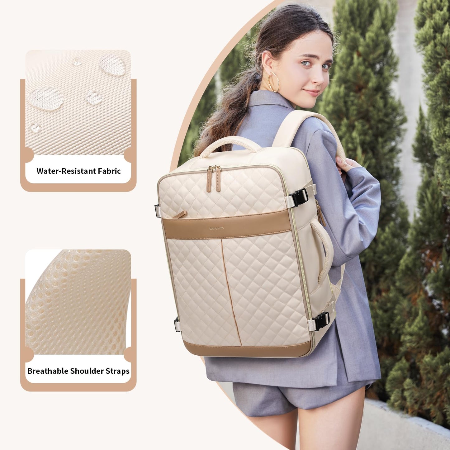 GOLF QUALITY Travel Backpack for Women Carry On Underseat Travel Bag Laptop Backpack Casual Daypack for Weekender Business,17 Inch, Beige