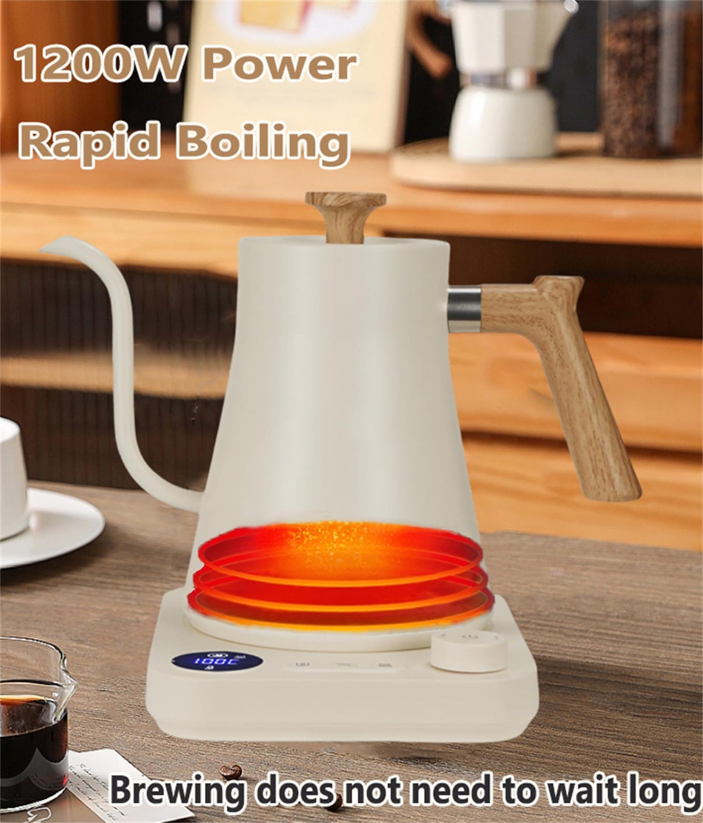 Electric Gooseneck Kettle, 304 Stainless Steel Electric Tea Kettle Temperature Control Pour-Over Coffee and Tea Pot 1200W Quick Heating Hot Water Boiler Anti-dry Protection, 0.9L (Cream White)