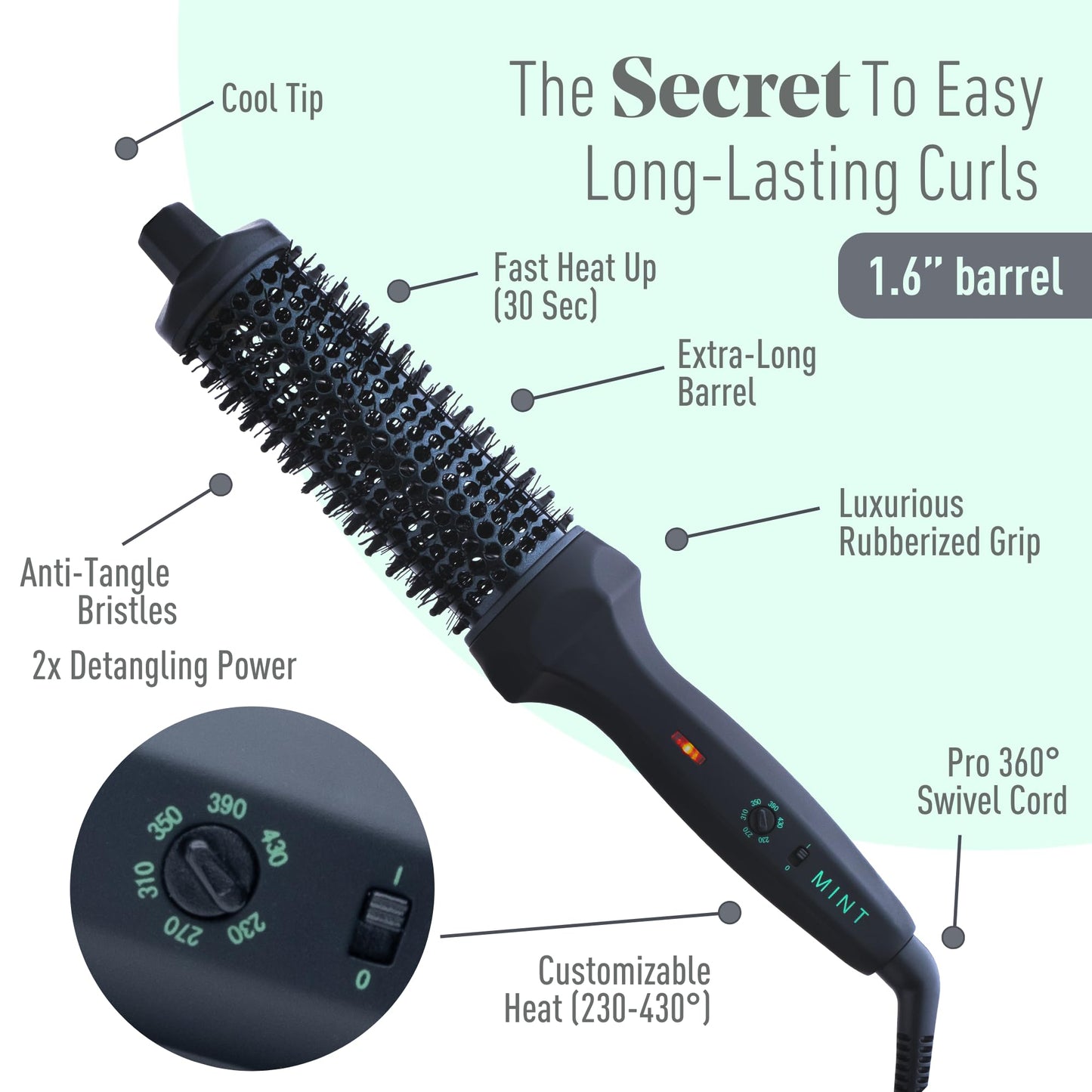 MINT Extra-Long 1.6 Inch Thermal Brush for Natural Volume & Waves | 230-430°F 2-Heater Ceramic Curling Iron Brush | Heated Round Brush Styler