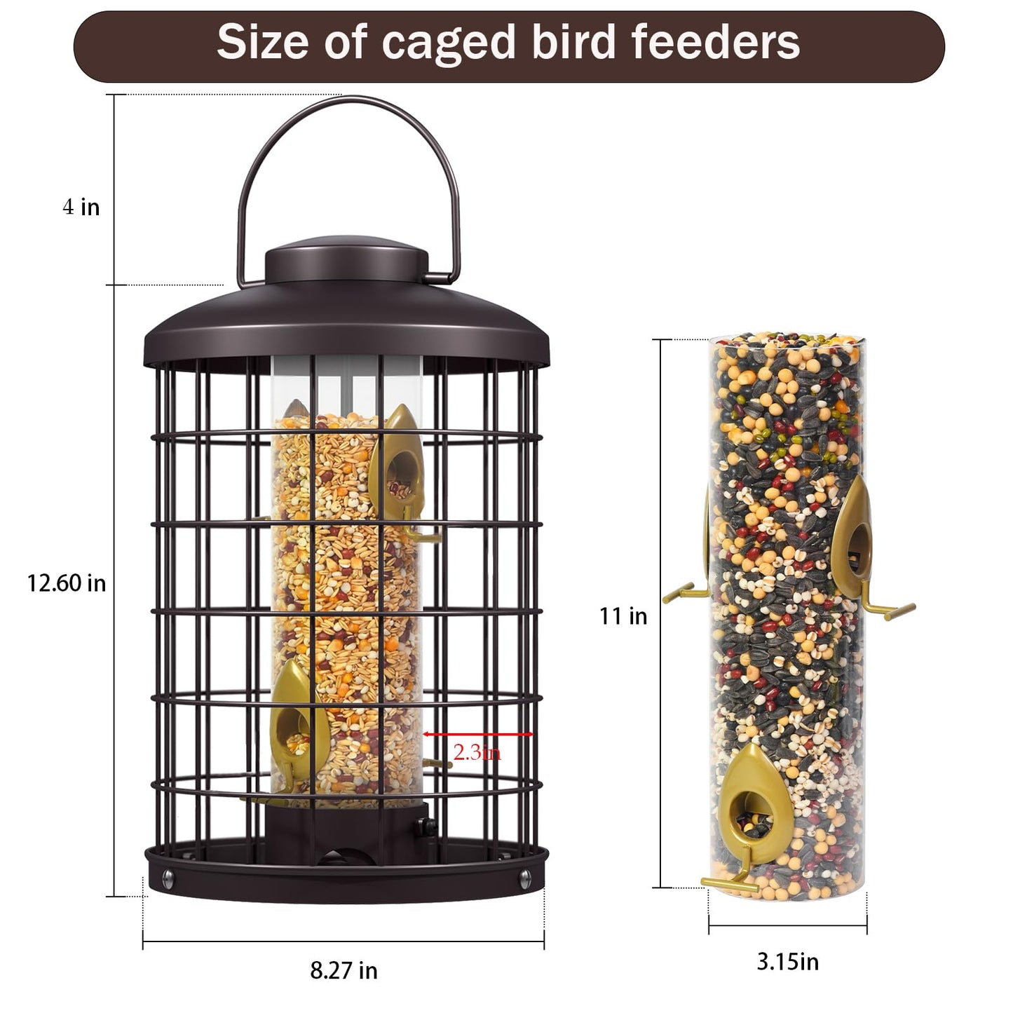Caged Bird Feeders Metal - 3 Lbs - Squirrel-Proof Wild Bird Tube Feeder Hanging Outside, Detachable Cleaning, 4 Feed Ports(Copper)