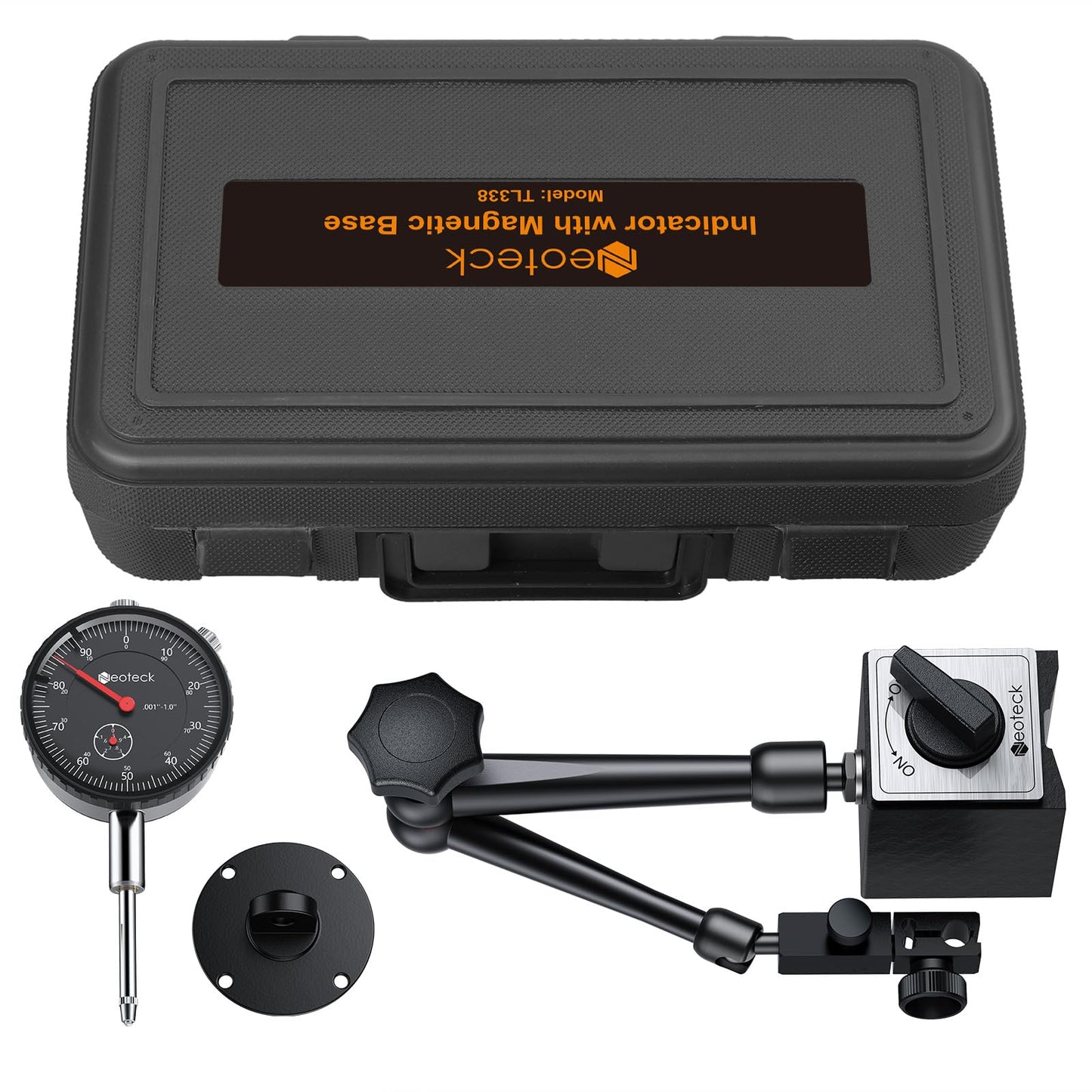 Neoteck 0-1"/0.001" Dial Indicator and Magnetic Base Set with Storage Case, Measuring Tool Dial Gauge and Magnetic Holder for 3D Printer Lathe Workshop CNC Machine Table Saw- 176lbs (80kg) Max Pull