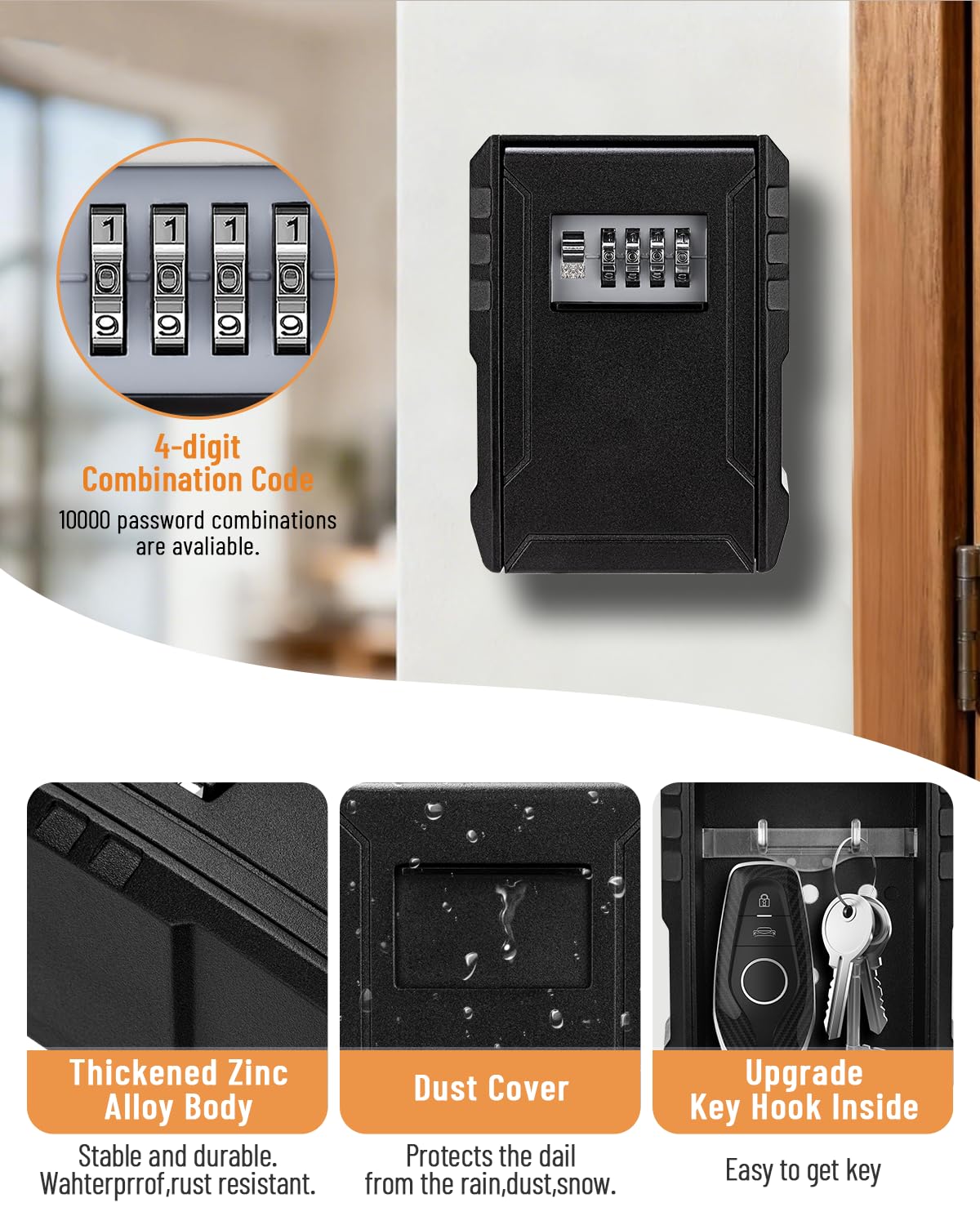 BKNOOU Large Key Lock Box Wall Mount, Key Storage Lockbox With Code, Safe Box for Outdoor Use, Security Combination Lockbox for Realtors, Garage Spare Keys