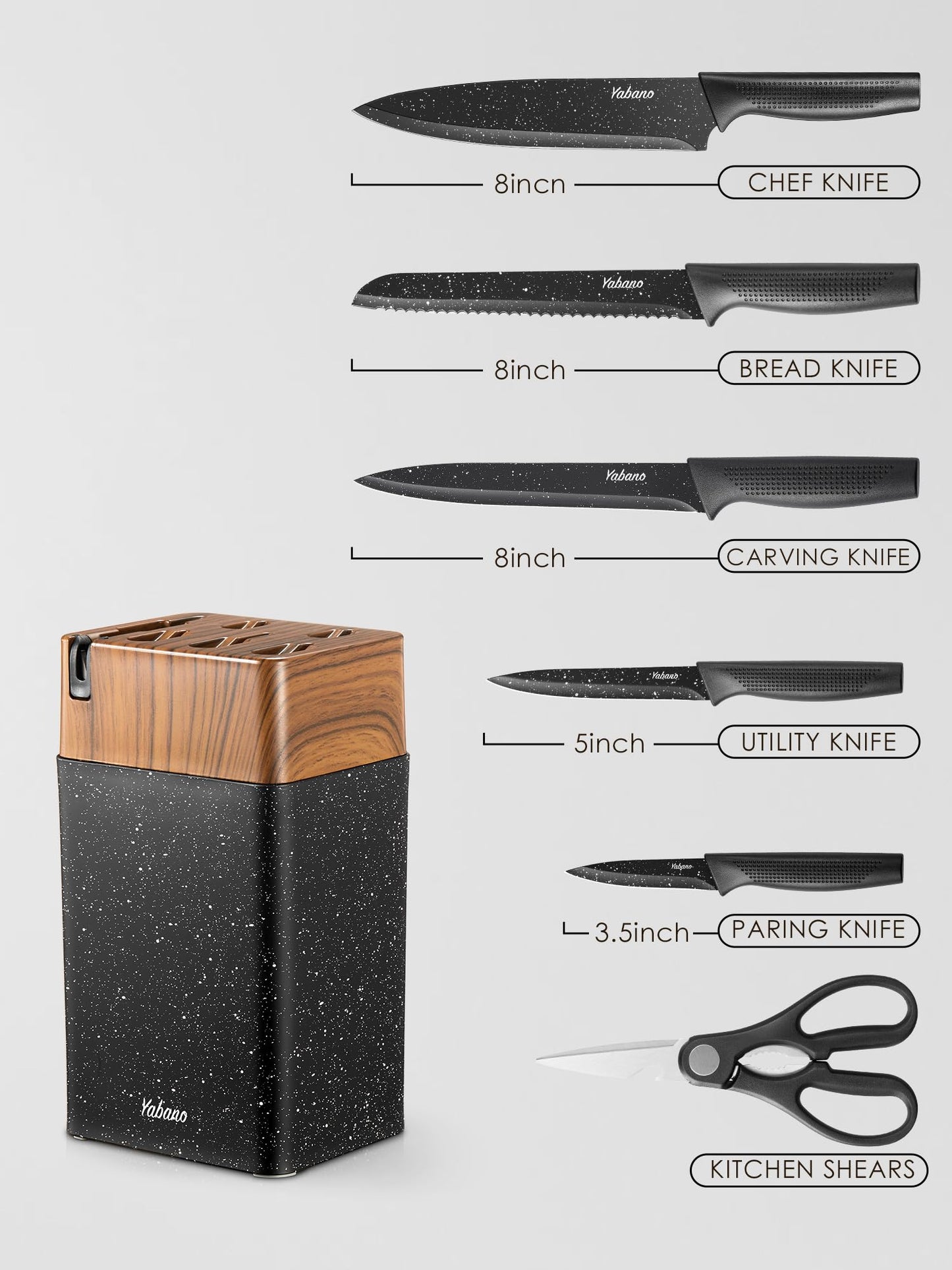 Knife Set, Yabano No Rust Kitchen Knives with PE Universal Knife Block 7 Pieces, High Grade Small Knife Block Set with Black Coating, Dishwasher Safe (White)