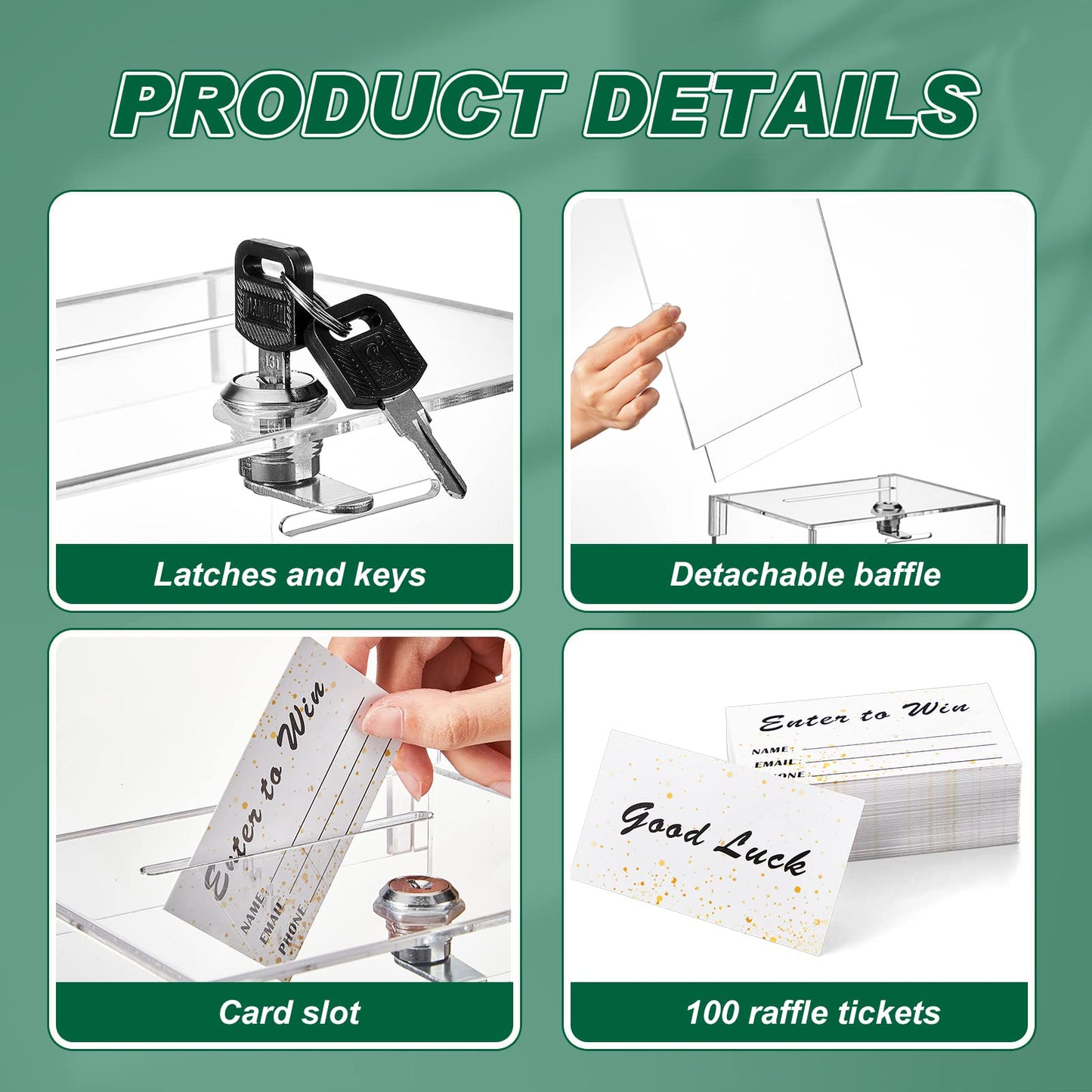 Teling Tall Acrylic Donation Box with Lock and Sign Plate Safe Suggestion Box with 100pcs Raffle Tickets Cards for Raffle, Money, Voting, Charity, Suggestion (Transparent,6.7 x 5 x 8 Inch)