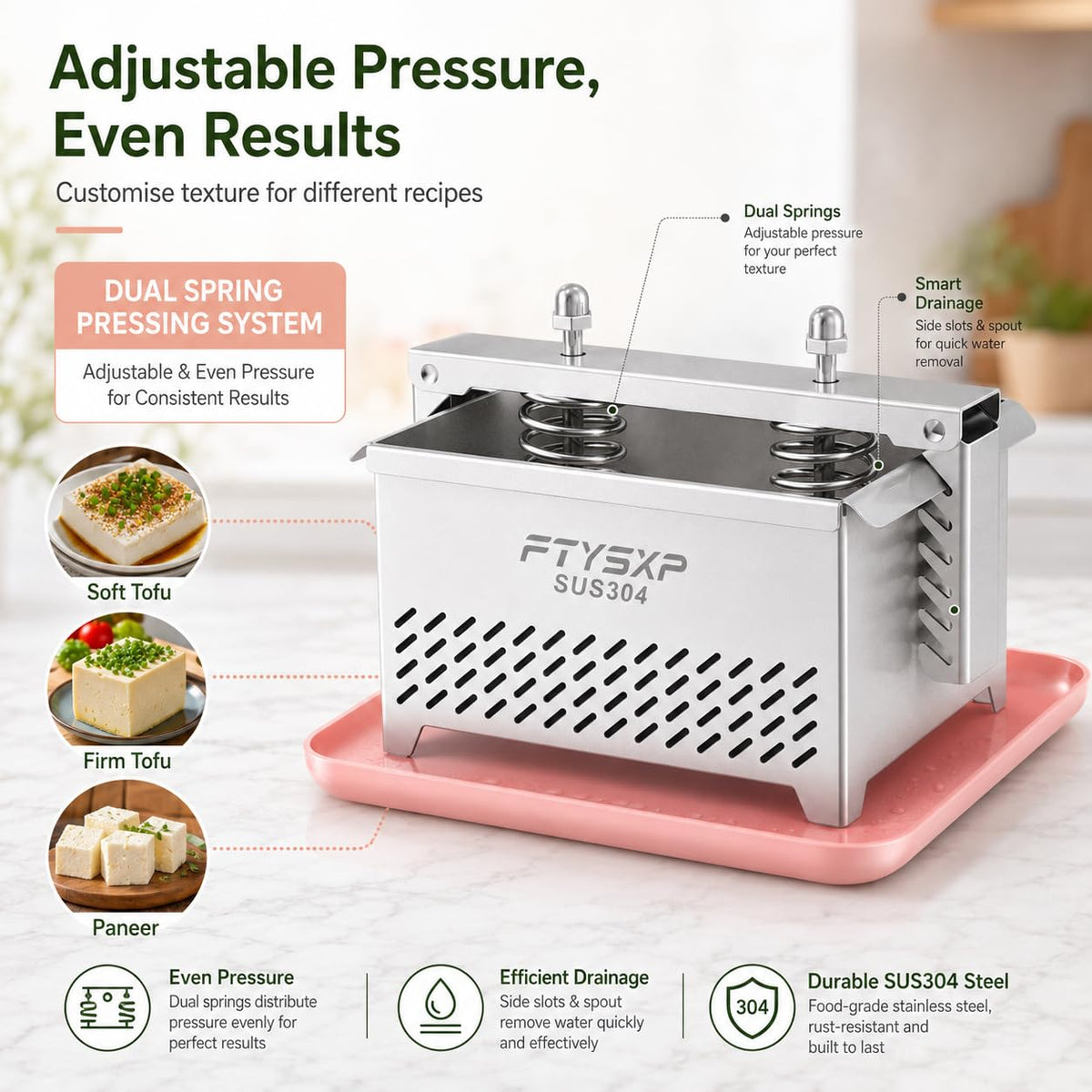 Tofu Press -304 Stainless Steel Cheese Press, Paneer Make and Vegetarian Tofu Press, Heavy Pressure Adjustable,BPA Free, Dishwasher Safe for tofu Maker and ham Press,Meat Pressing (L)