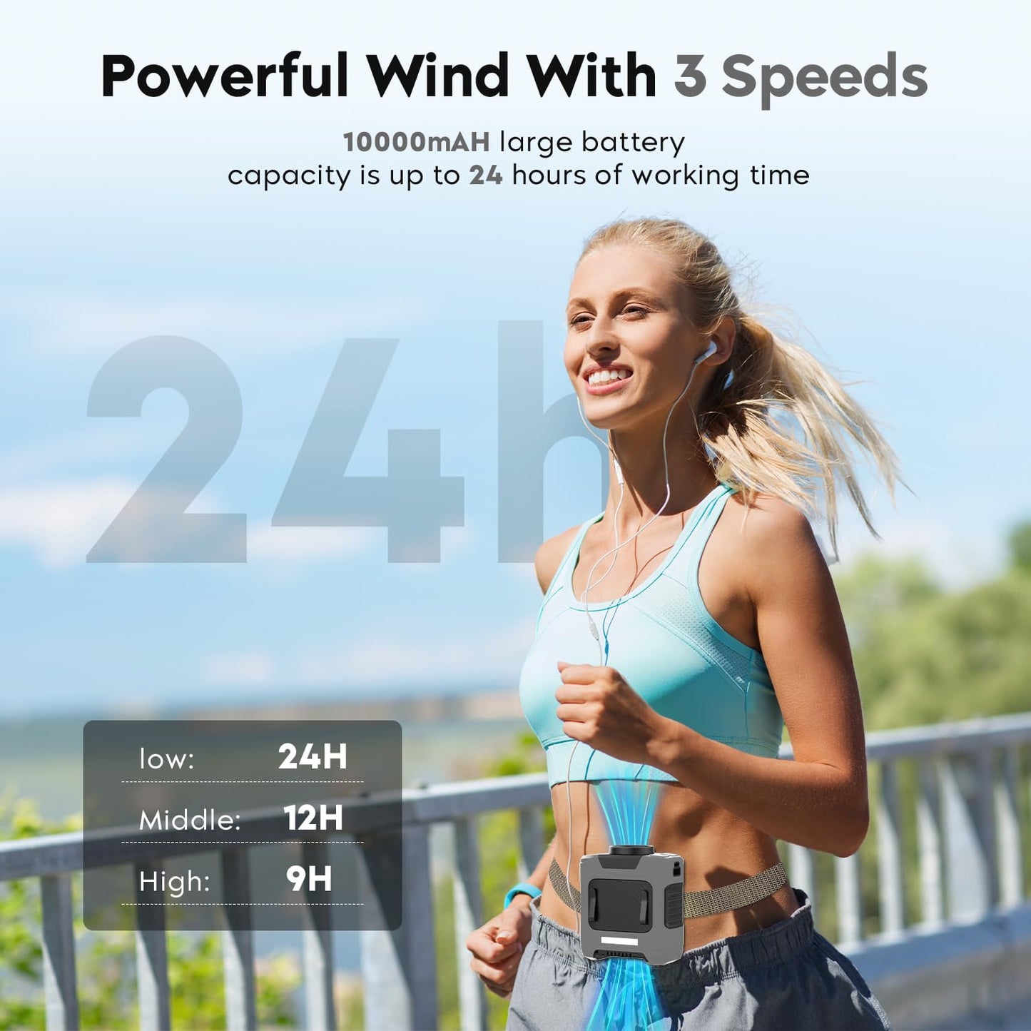 2025 Upgrade Portable Fan 10000mAh Rechargeable Portable Waist Clip Fan 18000RPM Neck Fan With Max 12H Working Time, 3-speed adjustment with LED flashlight Portable Fan for Outdoor Jobsite (Gray)