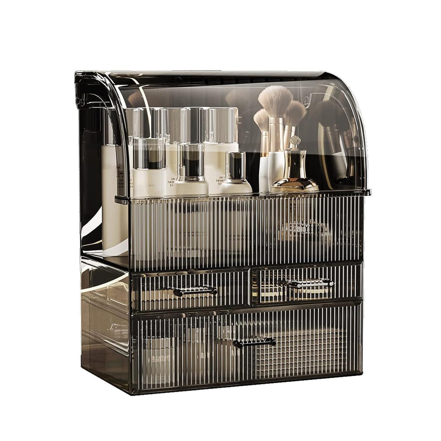 Rusunde Cosmetic Storage Organizer, X-Large Acrylic Clear Cosmetics Storage Display Case with Drawers, Perfume Makeup Organizer Box with Water Proof Cover for Counter, Bathroom, Dresser(Black-XL)