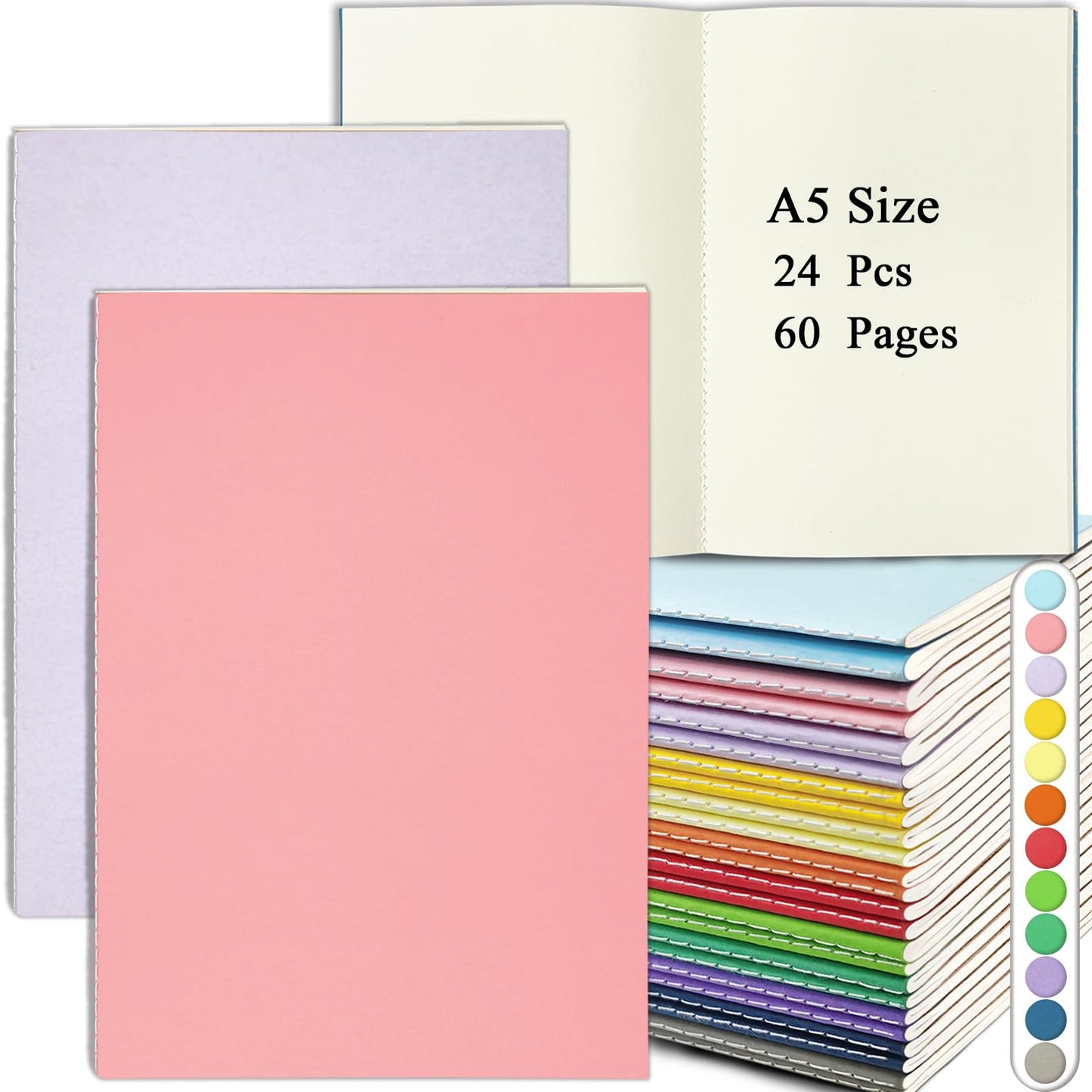 24 Pack A5 Blank Notebooks Bulk, 8.5x5.5" Unlined Journals 60 Pages(30 Sheets) Kraft Sketchbook Notebook for Kids Students School Office Home (2Pcs x 12 Colors)