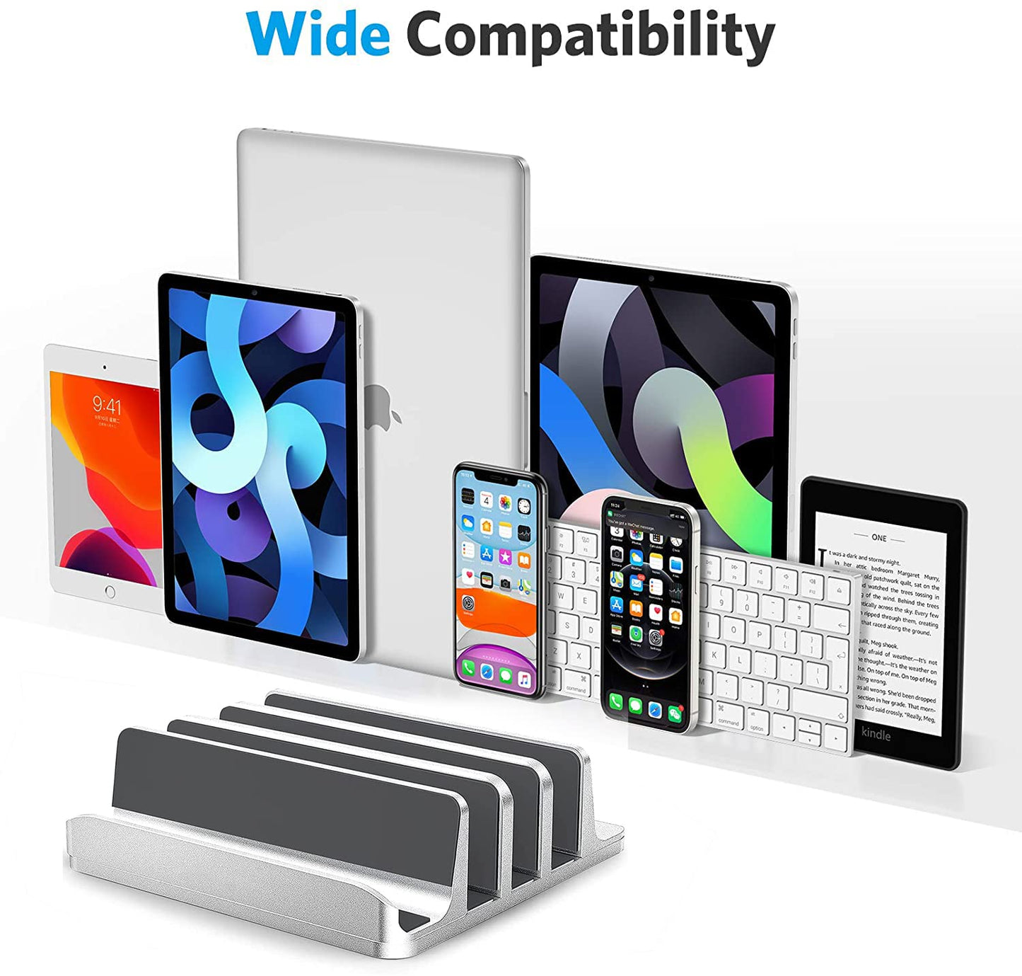 Vertical Laptop Stand,Upgraded Adjustable 4 Slots Laptop Stands, Desktop Aluminum Laptop Holder with Adjustable Dock Size, Tabletop Stand Holder for Most Laptops,MacBooks,PC,Tablets, Phones - Silver