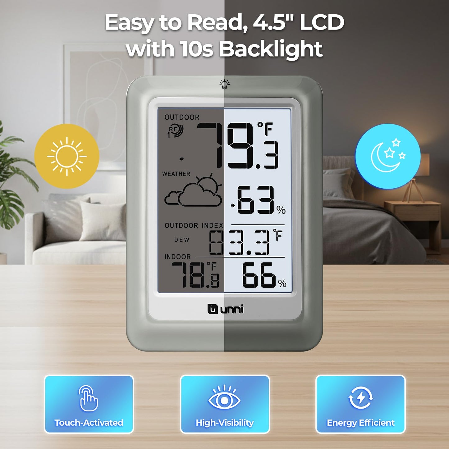 Indoor Outdoor Thermometer Hygrometer Wireless Weather Station, Temperature Humidity Monitor Battery Powered Inside Outside Thermometers with 330ft Range Remote Sensor and Backlight Display