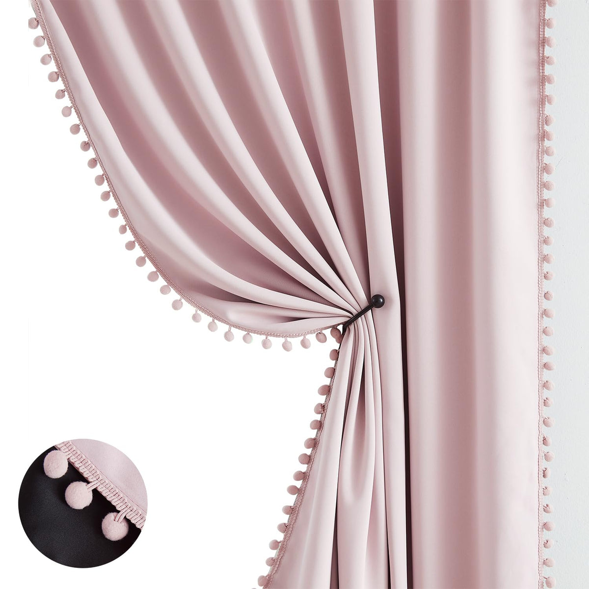 Pink Blackout-Curtains for Bedroom Pom Pom Thermal Insulated 100% Full Blackout Curtain Panels for Girls Baby Nursery Room 84 inch Energy Efficient Window Drapes for Kids 52" w x2 Panels Rod Pocket