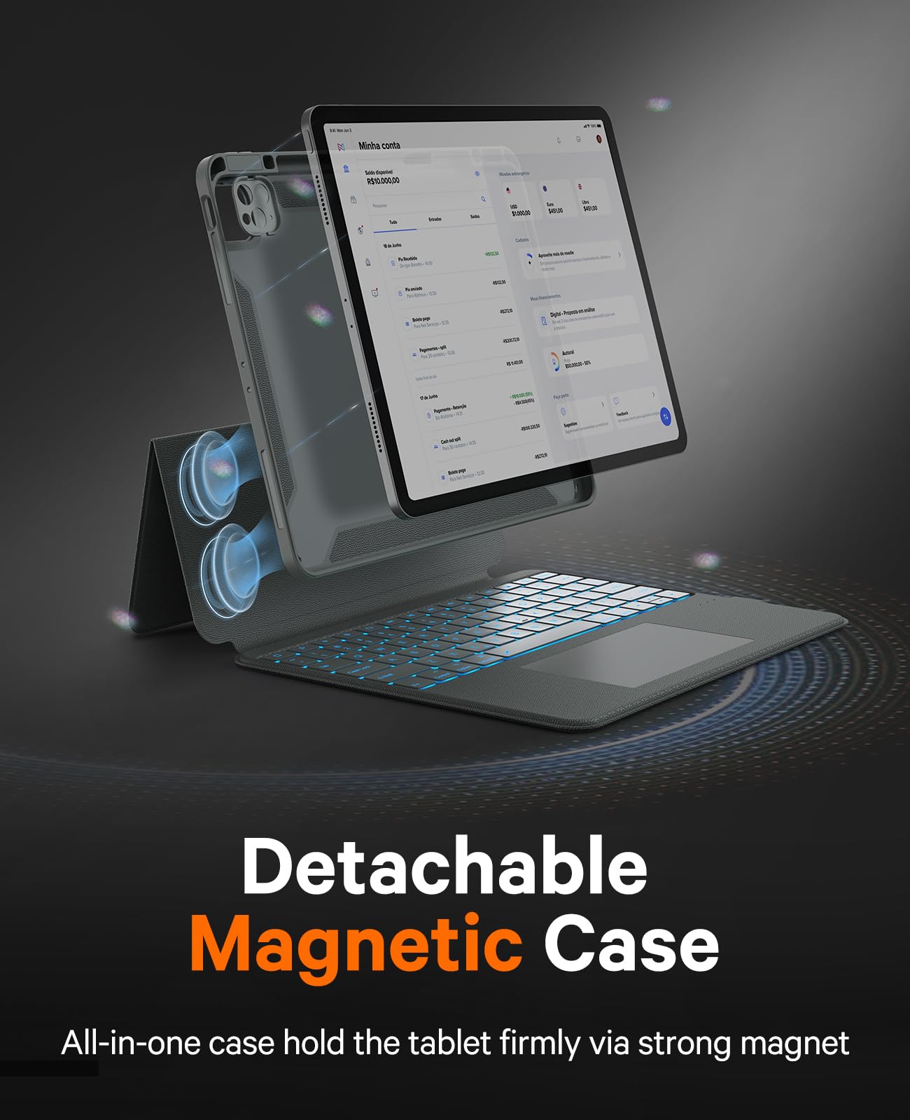 CHESONA for iPad Air 13 Inch (M3/2025, M2/2024) & iPad Pro 12.9 Case with Keyboard, Portrait/Landscape, Rugged Magnetic Detachable Case with 7-Color Backlit, Smart Trackpad, 15°-180° Adjustable, Gray