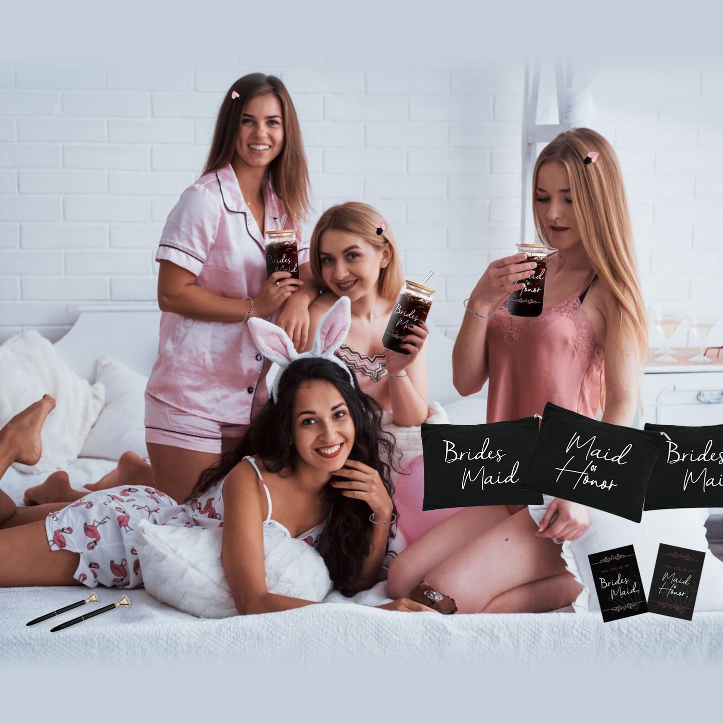 KIKINIKO 42 pcs Bridesmaid gifts bridesmaid proposal gifts, Maid of Honor Gifts contain 16oz Glass Cups Cosmetic Makeup Bags Invited Cards Scrunchies Hair Knotted Bracelets Diamond Pens love clip,