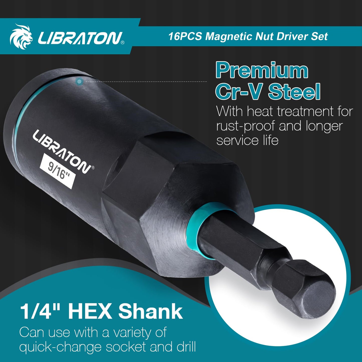 LIBRATON Magnetic Nut Driver Set, 16PCs Impact Driver Bit Set, Deep Nut Driver Set, SAE Nut Driver for Impact Drill, 1/4"-9/16" Nut Drivers and 1/4"-4/3" Deep Nut Drivers, with Toolbox for Car Repairs